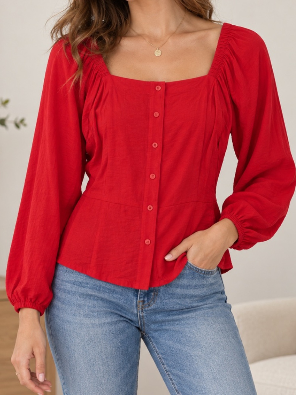 Ann Taylor Woven Crepe Button-Up Square Neck Blouse Red Medium